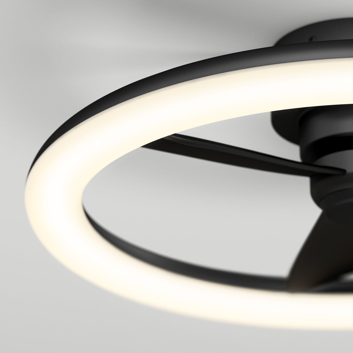 Close-up of the Artika Darren 23 in. LED modern fandelier ceiling fan with remote and light, featuring black blades.