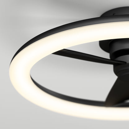 Close-up of the Artika Darren 23 in. LED modern ceiling fan with remote, featuring black blades, a circular LED light ring, and a sleek minimalist design against a plain white ceiling.
