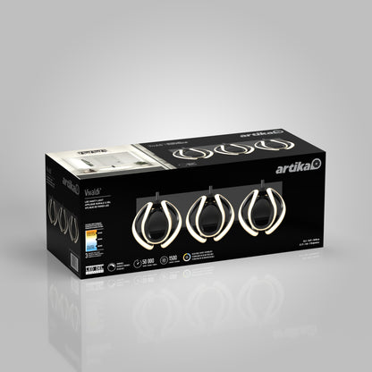 A black box of the Artika Vivaldi LED contemporary bathroom vanity light 3 CCT is displayed on a light gray background, showcasing images and features of the three modern circular lights inside.
