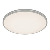 A round, modern ceiling light fixture with a white frosted diffuser and a sleek silver or gray frame, viewed from below against a plain white background.
