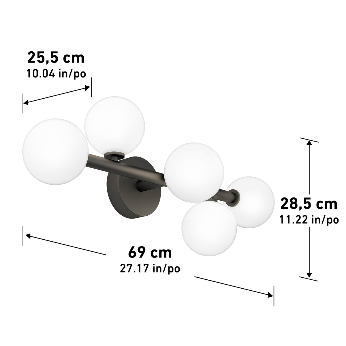 The Artika Bloom 27-in (69 cm) 3-Light Modern LED Vanity Light features a central dark base and two rods with three round white globes. Perfect for bathrooms, it measures 27 in W x 11.2 in H x 10 in D; dimensions also given in centimeters.
