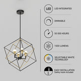 A modern geometric pendant light hangs from the ceiling. Next to it, icons list features: LED integrated, dimmable, 50,000 hours, 1500 lumens, selectable white technology, and easy installation with a safety hook.