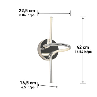 The Artika Swirl LED Sconce is a modern wall lamp with a circular base and intertwined tubular light, measuring 22.5 cm (8.86 in) wide, 42 cm (16.54 in) tall, and 16.5 cm (6.5 in) deep.