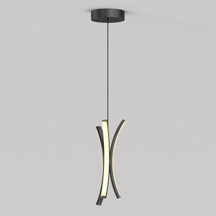 The Artika Corben Pendant LED Light 5CCT Black features two curved black metal arms with integrated LED strips, suspended from a round ceiling mount by a single black cord, shown against a plain light gray background.