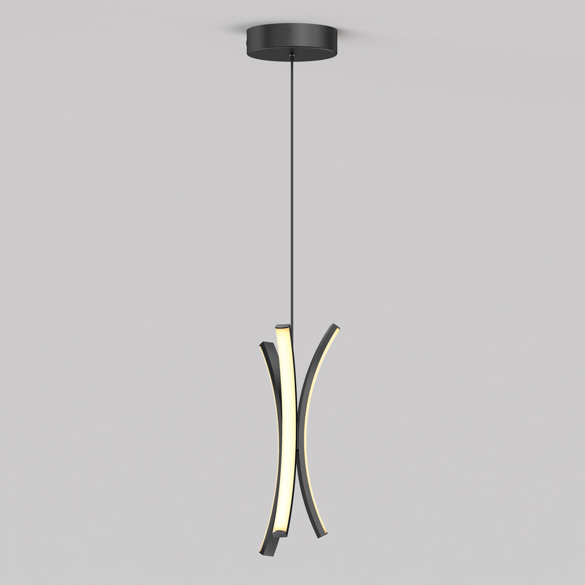 A modern pendant light with two curved, black and white LED panels hanging vertically from a black ceiling mount by a single cord against a plain gray background.