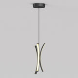 A modern pendant light with two curved, black and white LED panels hanging vertically from a black ceiling mount by a single cord against a plain gray background.