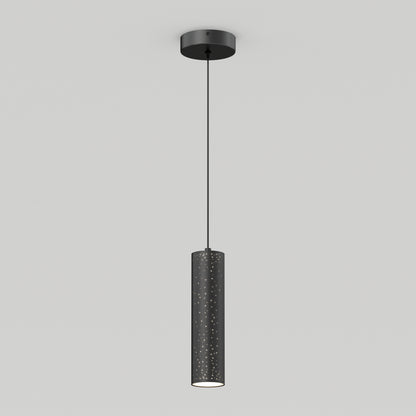 The Artika Cosmic modern LED pendant light 3 CCT is a sleek black cylindrical fixture suspended by a thin cord, featuring a perforated design that lets light filter through small holes.