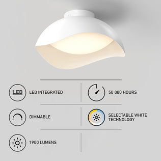Adara 15 in. (38 cm) Modern LED Flush Mount Ceiling Light, a 15-inch white LED fixture with 5 CCT options, 50,000-hour life, and dimmability.