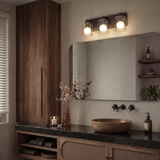 Modern bathroom with wooden cabinets, round sink, large mirror, and Artika Aryna 20 in. 3-Light LED Wall Vanity casting a gentle glow.