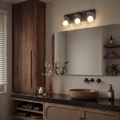 Modern bathroom with wooden cabinets, round sink, large mirror, and Artika Aryna 20 in. 3-Light LED Wall Vanity casting a gentle glow.