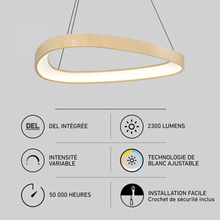 Artika’s Bjorn modern LED pendant light 5 CCT, dimmable, 2300 lumens, wood finish, adjustable color, easy kitchen installation.