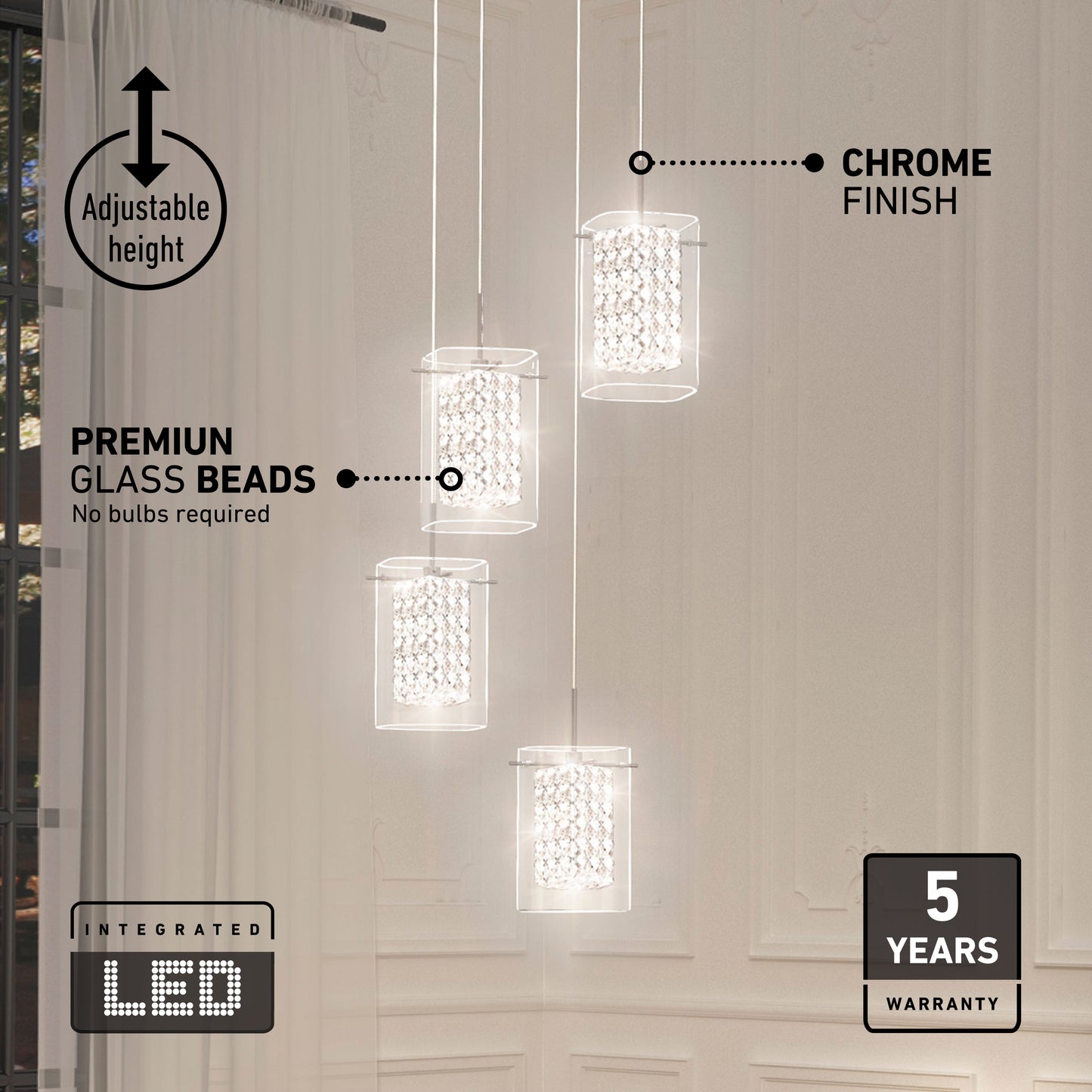The Artika Crystal Cube 4-light LED pendant features chrome and glass beads, adjustable height, integrated LEDs, and a 5-year warranty. Four modern pendants hang at varying heights in a bright room with white curtains.