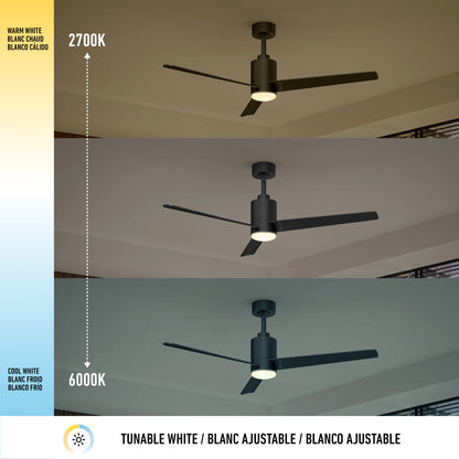 Three images show the Artika Ellison 52 in. LED modern ceiling fan with remote displaying adjustable white lighting: warm white (top, 2700K), neutral (middle), and cool white (bottom, 6000K).