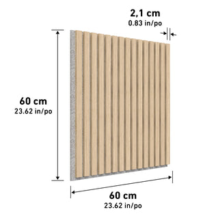 The Artika Sonolok 15.5 ft sound-absorbing wall panel kit features 60 x 60 cm square wooden panels with vertical slats, 2.1 cm thick, and labeled dimensions in centimeters and inches.