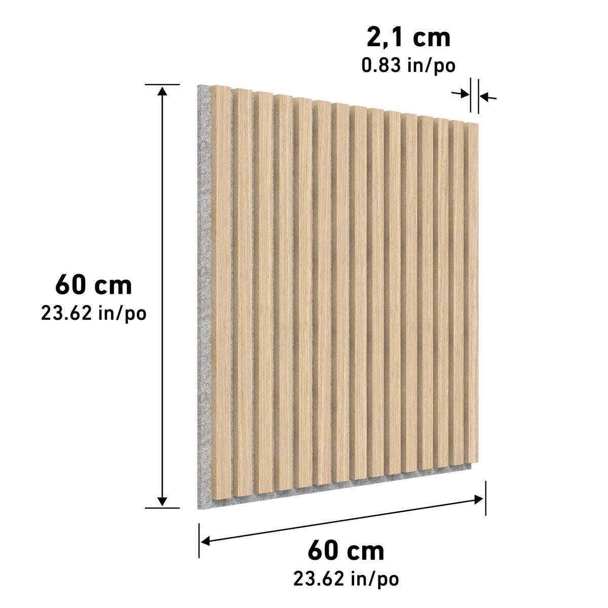 A square wood slat panel with dimensions labeled: 60 cm by 60 cm (23.62 in by 23.62 in) and thickness of 2.1 cm (0.83 in). The panel has vertical wooden slats and a gray backing.