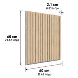 A square wood slat panel with dimensions labeled: 60 cm by 60 cm (23.62 in by 23.62 in) and thickness of 2.1 cm (0.83 in). The panel has vertical wooden slats and a gray backing.