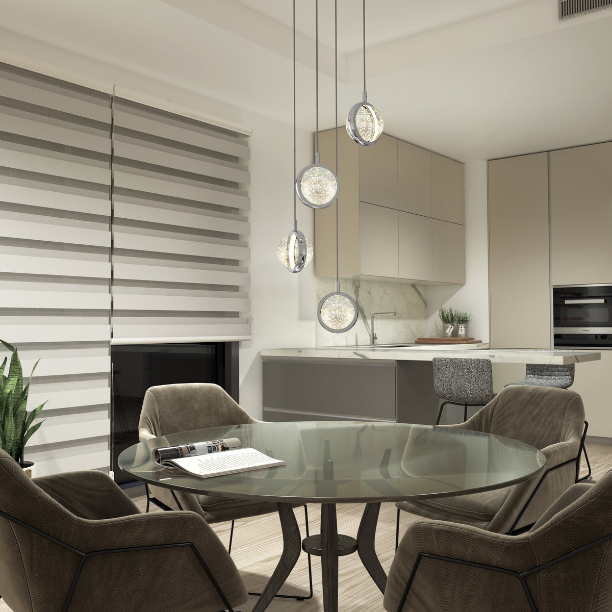 Modern kitchen and dining area featuring a round glass table, four cushioned chairs, beige cabinetry, marble backsplash, built-in oven, potted plant, striped window blinds, and the Artika Avalon 4-light LED pendant.