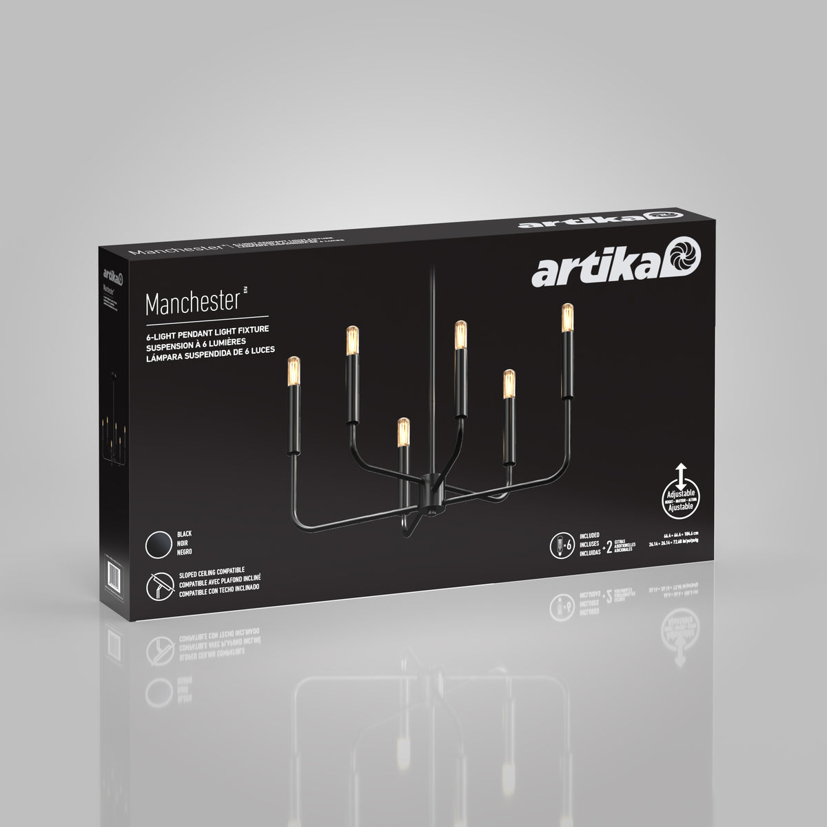 A black Artika Manchester chandelier light fixture is shown on its packaging box. The box features an image of the 8-light fixture with exposed bulbs, product details, and branding on a gray background.