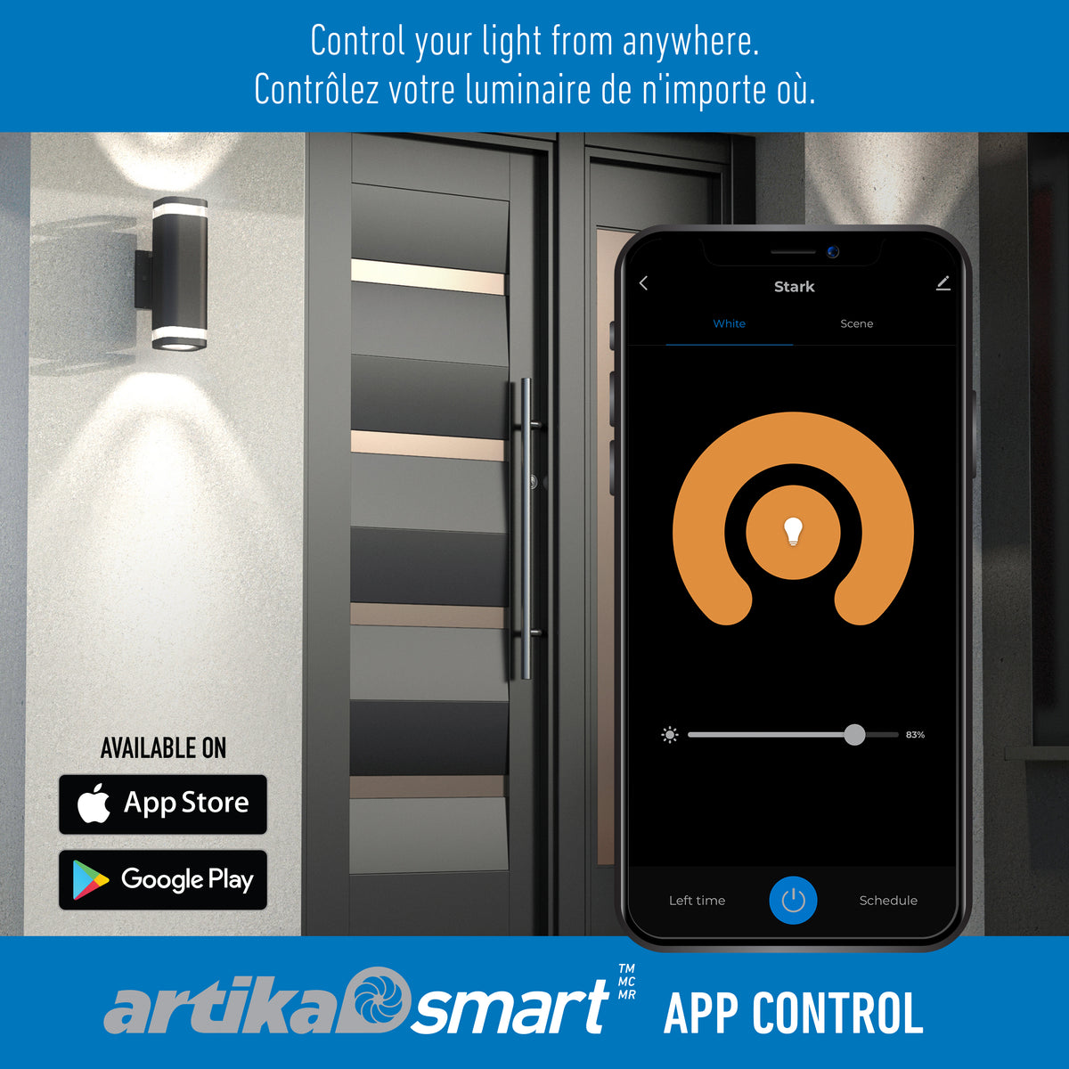 The Artika Stark modern LED indoor-outdoor light with wi-fi is installed by a front door. A smartphone app controls the light remotely, as shown on the screen, with App Store and Google Play logos displayed.