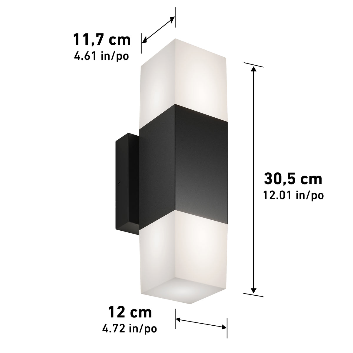 A modern wall light fixture with a rectangular design, black center, and white ends. Dimensions are 30.5 cm height, 12 cm depth, and 11.7 cm width, with inch equivalents shown beside each measurement.