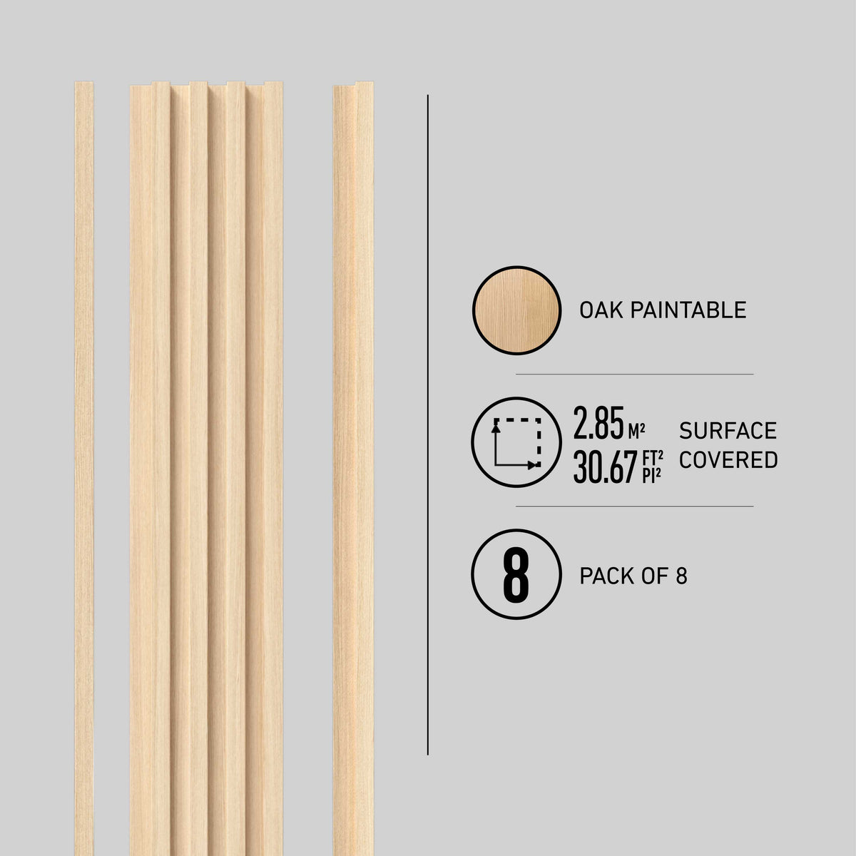 Eight vertical Artika Panolok wall panels are displayed on a gray background, showing Scandinavian design. Icons note 2.85 m² (30.67 ft²) surface coverage and that this is a pack of 8 panels.