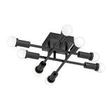 Black ceiling light fixture with a modern design, featuring two intersecting bars, each holding three round white bulbs at the ends, mounted on a square base.