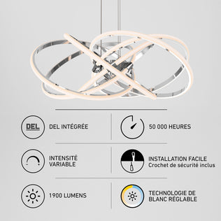Artika Maelstrom modern LED pendant light, 5 CCT, 50,000 hrs, dimmable, chrome finish, easy install.