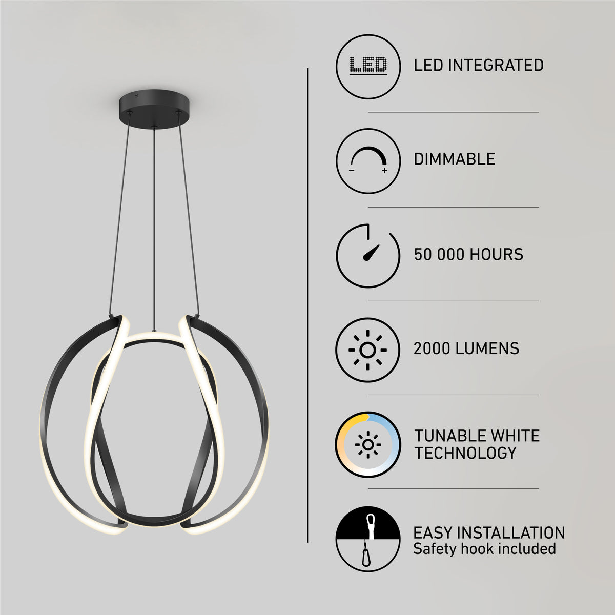 Modern LED pendant light with black rings and glowing white accents, hanging from the ceiling. Icons and text highlight features: LED integrated, dimmable, 50,000 hours, 2000 lumens, tunable white, and easy installation.