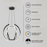 Modern LED pendant light with black rings and glowing white accents, hanging from the ceiling. Icons and text highlight features: LED integrated, dimmable, 50,000 hours, 2000 lumens, tunable white, and easy installation.