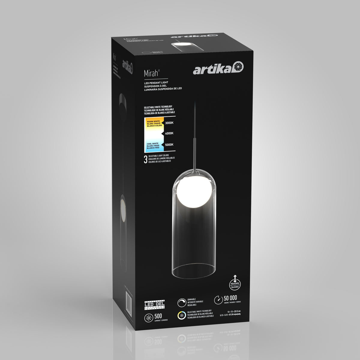A black box for the Artika Mirah LED pendant light is displayed. The packaging shows the cylindrical pendant with a glowing bulb and features product details, icons, and lighting specifications.