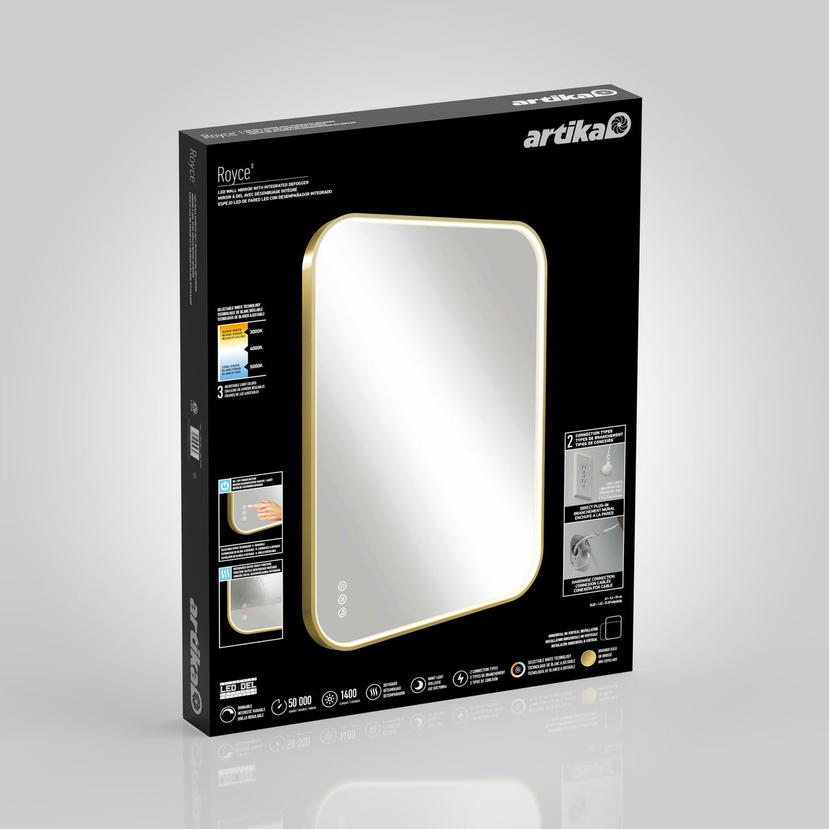 Box packaging for the Artika Royce Dimmable LED Mirror (3 CCT, Horizontal & Vertical Mount), featuring a large illuminated mirror image, adjustable brightness, built-in defogger icons, branding, and installation instructions on a sleek black background.