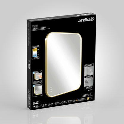 Box packaging for the Artika Royce Dimmable LED Mirror (3 CCT, Horizontal & Vertical Mount), featuring a large illuminated mirror image, adjustable brightness, built-in defogger icons, branding, and installation instructions on a sleek black background.