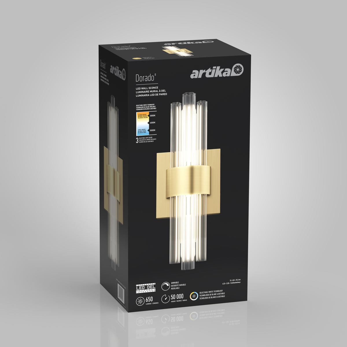 Box of an Artika Dorado contemporary LED wall sconce 3 CCT. The black packaging displays the modern gold and glass fixture, key features like adjustable colour temperature, 650 lumens, 50,000-hour lifespan, and a 3-year warranty.