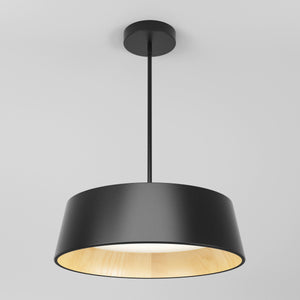 The Artika Alton modern LED pendant light 5 CCT features a black exterior, light wood interior, and is suspended from the ceiling by a black rod against a plain white background.