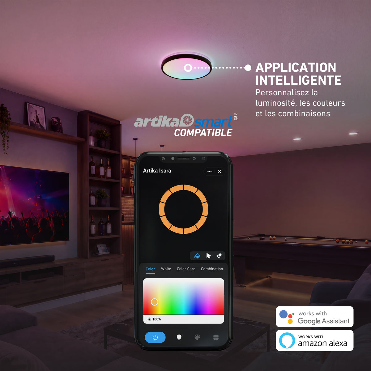 The Artika Isara 15 in. RGBIC LED Flush Mount is app-controlled, offering color and brightness options for a modern living room.