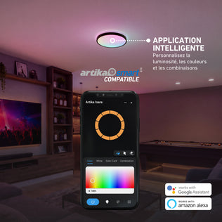 The Artika Isara 15 in. RGBIC LED Flush Mount is app-controlled, offering color and brightness options for a modern living room.