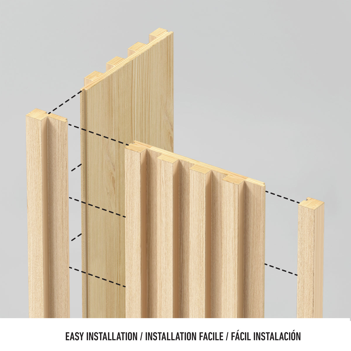 Diagram features Artika’s Panolok 30.67 ft wall panel kit (pack of 8) with oak-finish wooden slats and panels, showing groove alignment for simple assembly inspired by Scandinavian design. “EASY INSTALLATION” appears below in multiple languages.