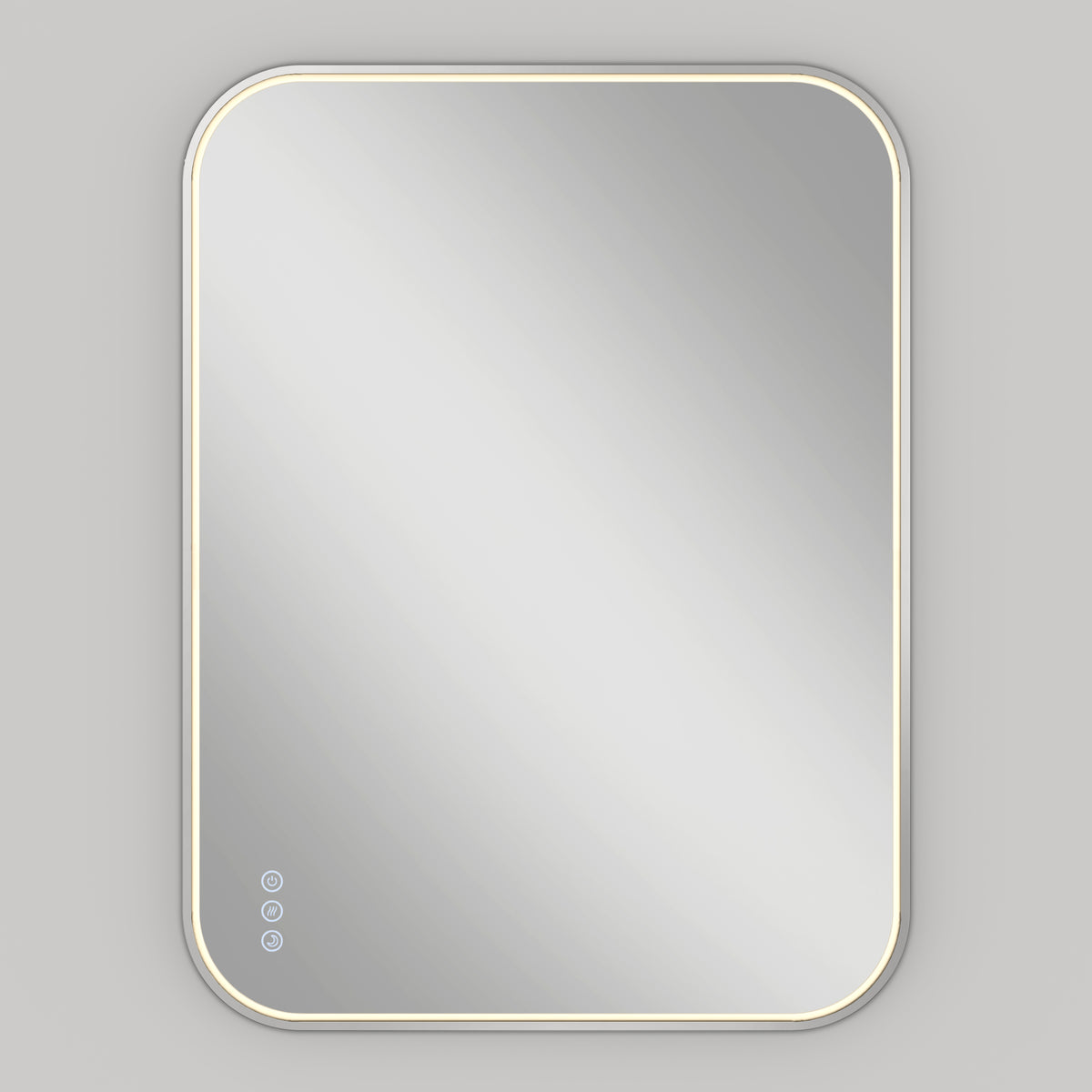 The Artika Royce Dimmable LED Mirror features edge-lit LED lighting, three touch controls including colour temperature adjustment, and can be mounted horizontally or vertically against a plain light gray wall.