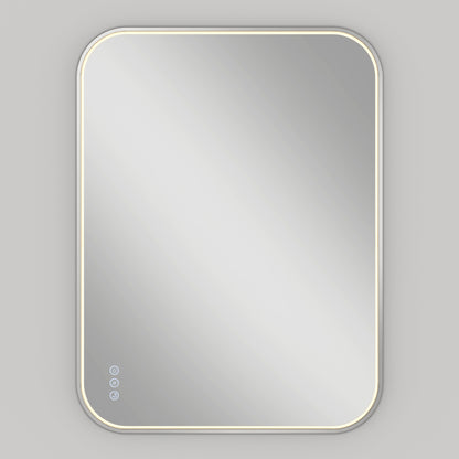 The Artika Royce dimmable LED mirror 3 CCT is a rectangular, wall-mounted mirror with rounded corners, edge-lit by soft LED lighting; three touch buttons are located in the bottom left corner.