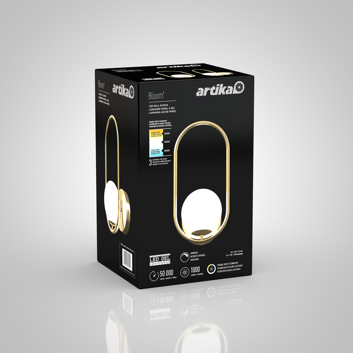 A black and gold Artika box displays the Bloom LED Sconce 3 CCT, featuring a modern oval lamp with a round white light. The front of the packaging highlights key features like lifespan, lumens, and energy rating.