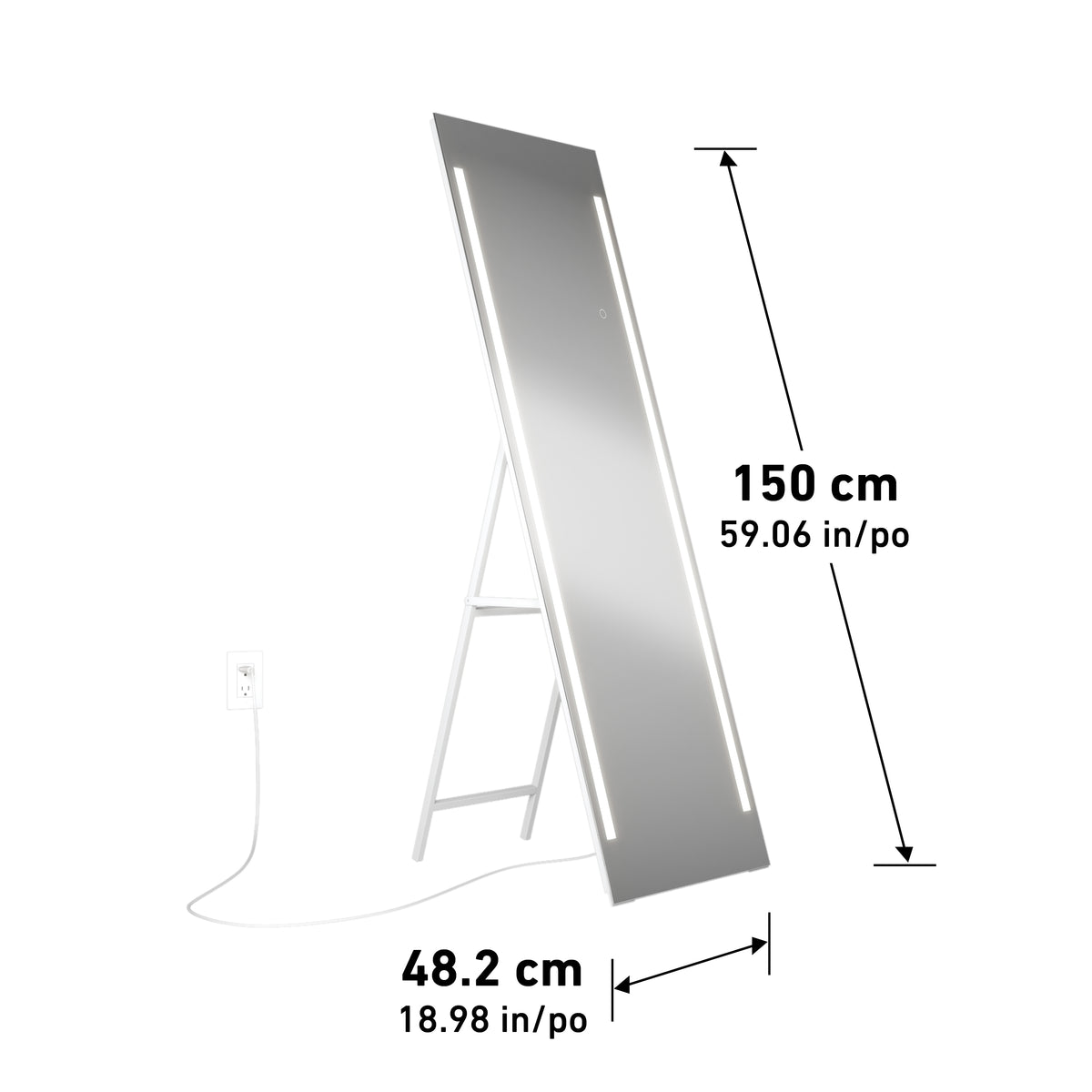 A tall rectangular floor mirror with built-in LED lights on each side is plugged into a wall outlet. The mirror measures 150 cm (59.06 in) high and 48.2 cm (18.98 in) wide and stands on a foldable white frame.