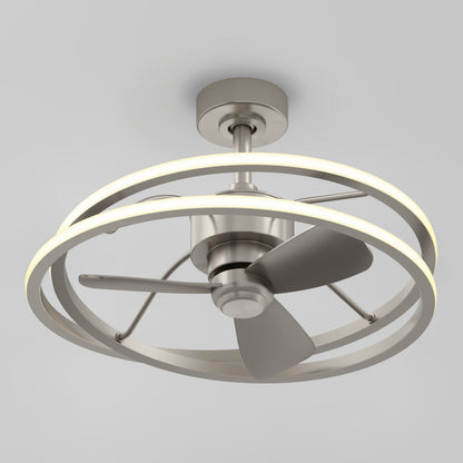 The Artika Coda 23 in. LED modern ceiling fan features three metallic blades, a circular integrated LED light kit, and comes with a remote. It is shown mounted on a short downrod against a plain light gray background.