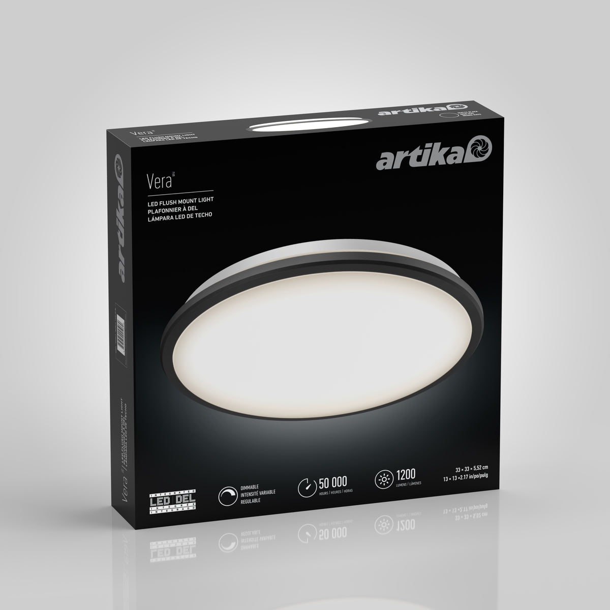 Artika Vera 13 in. Modern LED Flush Mount Ceiling Light in black and white box, showing the round fixture and details on packaging.