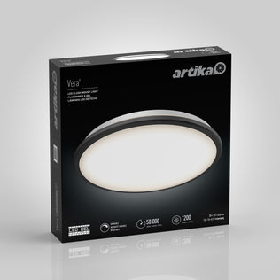 Artika Vera 13 in. Modern LED Flush Mount Ceiling Light in black and white box, showing the round fixture and details on packaging.