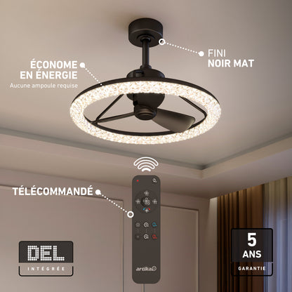 Matte black Carat 23 in. LED modern fandelier ceiling fan with remote, integrated light, energy efficiency, and a 5-year warranty.