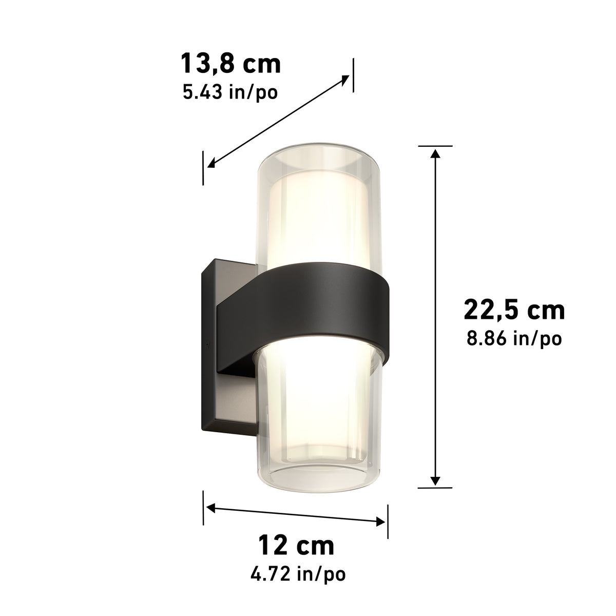 A modern wall sconce light fixture with a cylindrical glass shade and black horizontal band. Dimensions: 22.5 cm (8.86 in) tall, 13.8 cm (5.43 in) wide, and 12 cm (4.72 in) deep are labeled.
