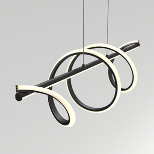 The Artika Coda modern LED pendant light 5 CCT features a sleek black horizontal bar with three glowing circular LED loops spiraling around it, all suspended by thin cables against a plain light gray background.