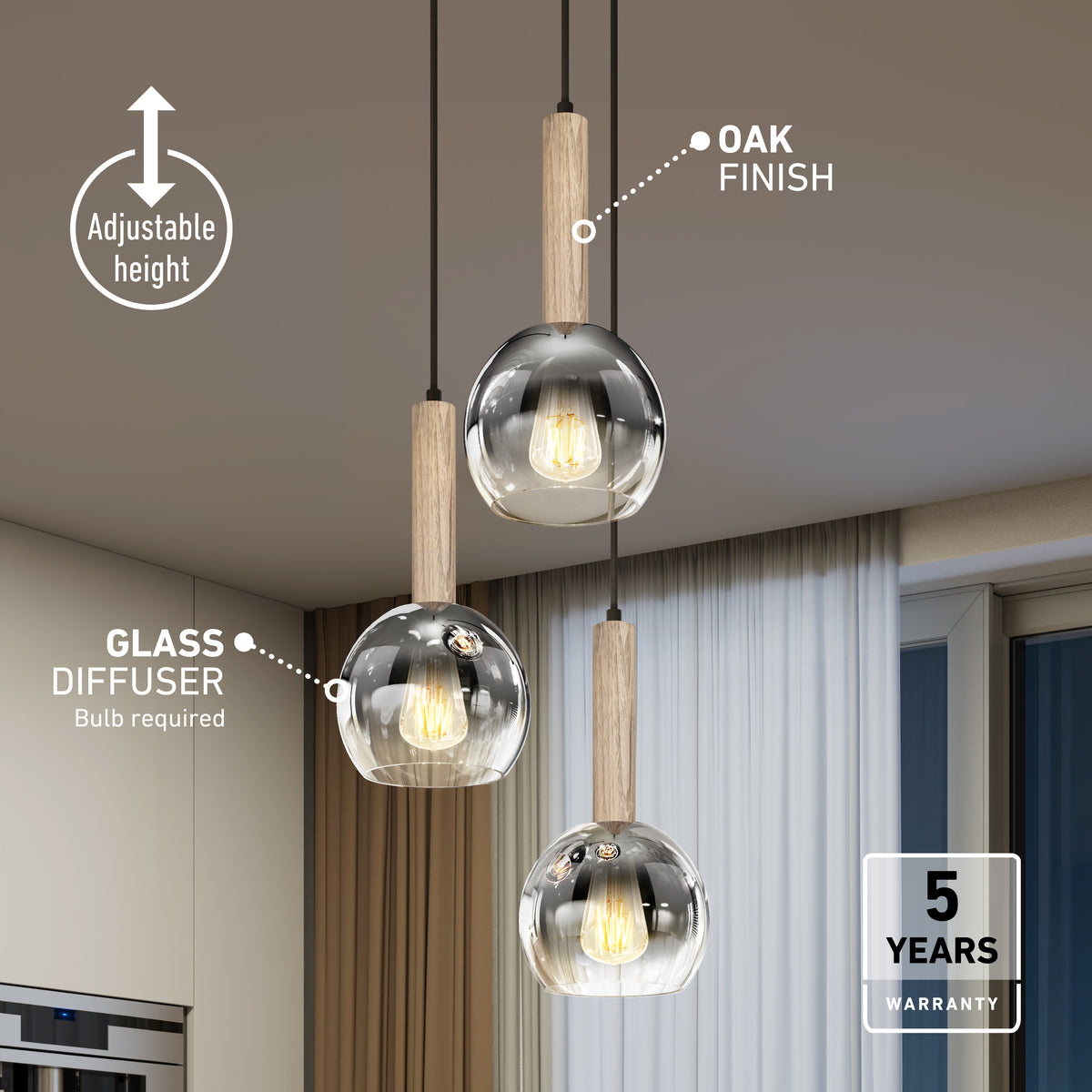 The Ardel Spiral 3-Light Pendant by Artika features oak finish and clear glass diffusers at varying heights. Icons highlight its adjustable height, oak finish, glass diffusers, and include a 5-year warranty. Bulbs not included.