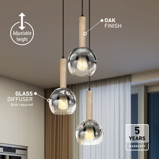 The Ardel Spiral 3-Light Pendant by Artika features oak finish and clear glass diffusers at varying heights. Icons highlight its adjustable height, oak finish, glass diffusers, and include a 5-year warranty. Bulbs not included.