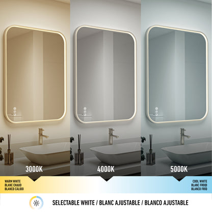 The Artika Royce Dimmable LED Mirror is shown above a sink, displaying adjustable brightness and 3 color temperatures (3000K, 4000K, 5000K) with a defogger. Mounts horizontal or vertical; bathroom accessories are on the counter.